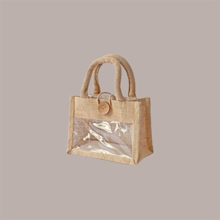 5 Pz Shopper Busta Juta con Vetrina in PVC e Chiusura con Bottone il Legno 18+10xH13 [e0502d48]