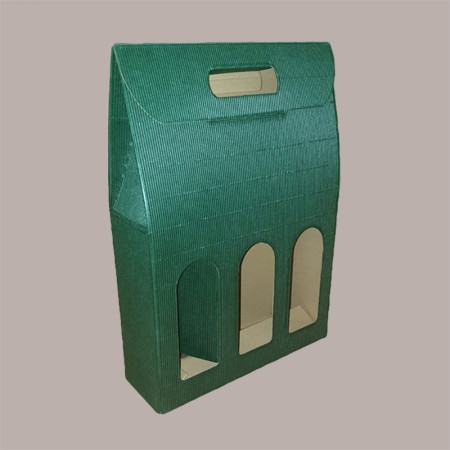 10 Pz Scatola Astuccio Porta 3 Bottiglie Olio Vino in Cartoncino Onda Verde 270x90x385mm [270ef3d9]