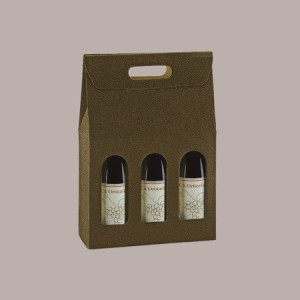 10 Pz Scatola Astuccio Porta 3 Bottiglie Olio Vino in Cartoncino Marrone grafica effetto pelle 270x90H385mm [7ea4e9fa]