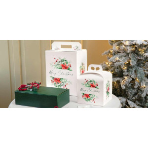 5 Pz Scatola per Confezione Regalo Natale Porta Panettone Bottiglia Valigetta Grande Carta Bianco Merry Christmas 430x240H345mm