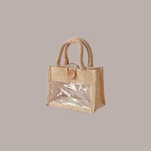 5 Pz Shopper Busta Juta con Vetrina in PVC e Chiusura con Bottone il Legno 18+10xH13 cm [e0502d48]